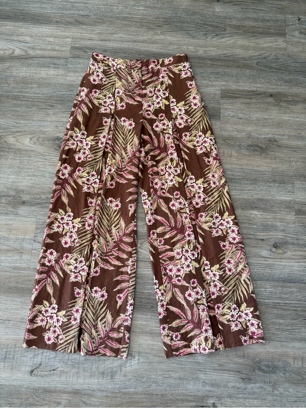 RW&CO. High Waisted Wide-Leg Linen Blend Pant - Brown, Pink & Cream Floral Print